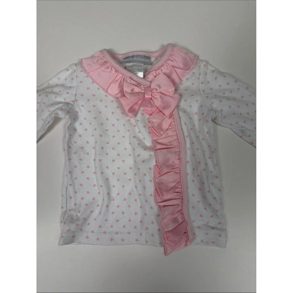 Wendy Bellissimo Baby Girl 2 Piece Pajama Set Pink Hearts Ruffle Bow Size 12M